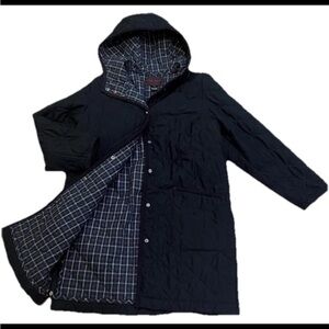 VTG Lauren Ralph Lauren Black Quilted Hooded Snap Utility Barn Coat Plaid Lining
